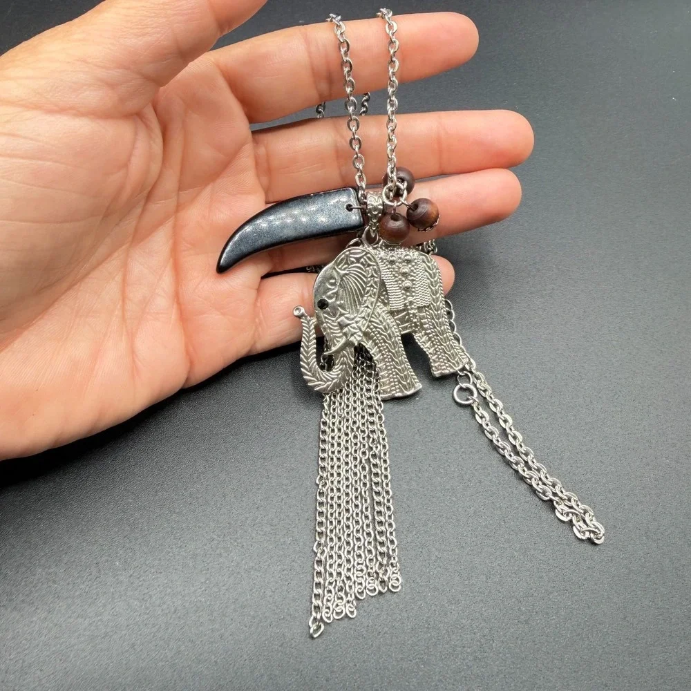 Elephant Statement Necklace Silver Tone Black Tusk Wood Beads Boho Tassel Gift